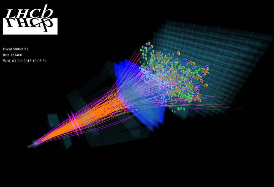 Event display di un tipico evento dell’esperimento LHCb.